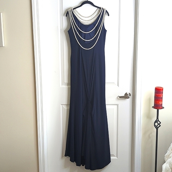Precious Formals Lux Gal Navy Evening Gown Tiered Rhinestone Cord Neckline S - Picture 14 of 17